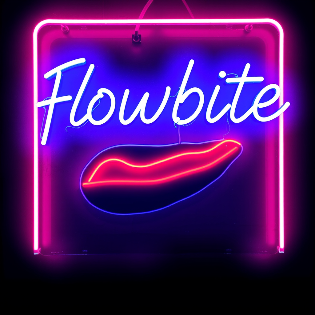 A vibrant neon sign featuring the word 'Flowbite' in glowing white script above a stylized red chili pepper, bordered by a bright pink neon frame.