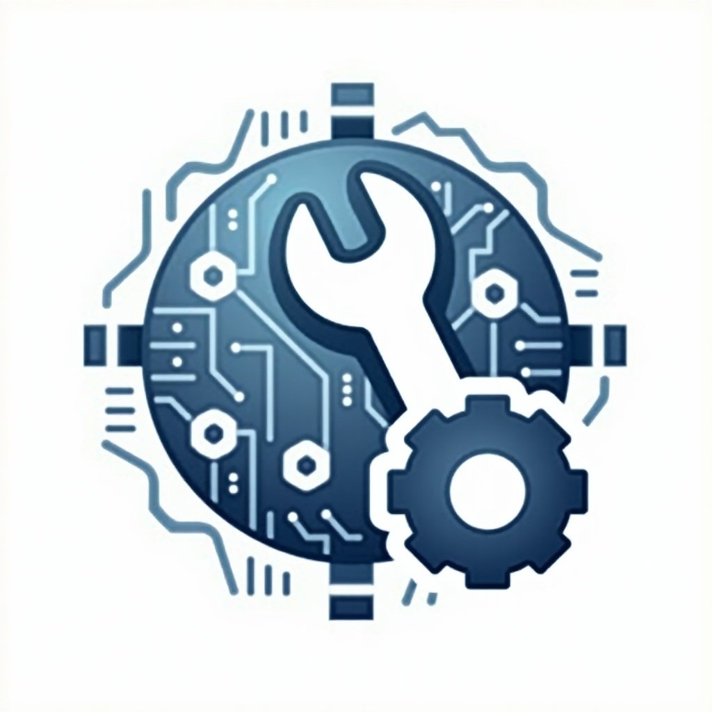 Icon featuring a stylized sphere intertwined with digital circuits. Incorporates a wrench or gear. Represents technology and service repair.