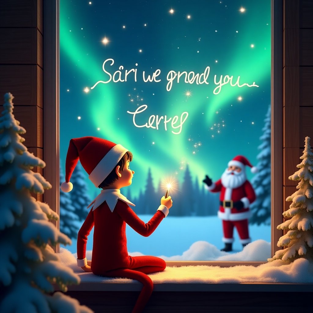 The image features an adorable elf on the shelf sitting with his back turned, admiring a vibrant night sky filled with northern lights. In his hand, the elf holds a sparkling magic wand, elegantly writing a festive message in shimmering light. The cozy setting is enhanced by snow-covered trees outside the window and the cheerful presence of Santa Claus in the background. This enchanting scene captures the magical essence of Christmas, radiating warmth and joy. The overall ambiance invites viewers into a winter wonderland, perfect for the holiday season.