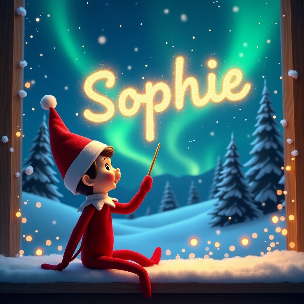 The image showcases an adorable elf on the shelf with his back turned, using a wand to weave magical letters in the night sky. The elf looks excited as he writes the name 'Sophie' in sparkling, glowing letters. The background features a stunning winter landscape, complete with gently falling snow and beautifully lit trees. Above, the enchanting northern lights provide a dazzling, colorful display. This scene captures the magic of Christmas, evoking feelings of wonder and joy.