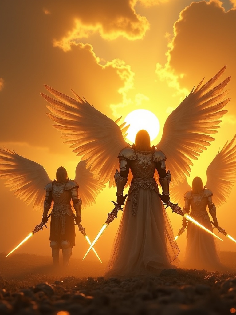 Scene of angelic knights standing against golden sky. Figures are in ornate armor. Luminous swords held by each knight. Feathered wings prominently displayed. The setting suggests a celestial battleground. Orange and yellow hues from setting sun create warm glow.