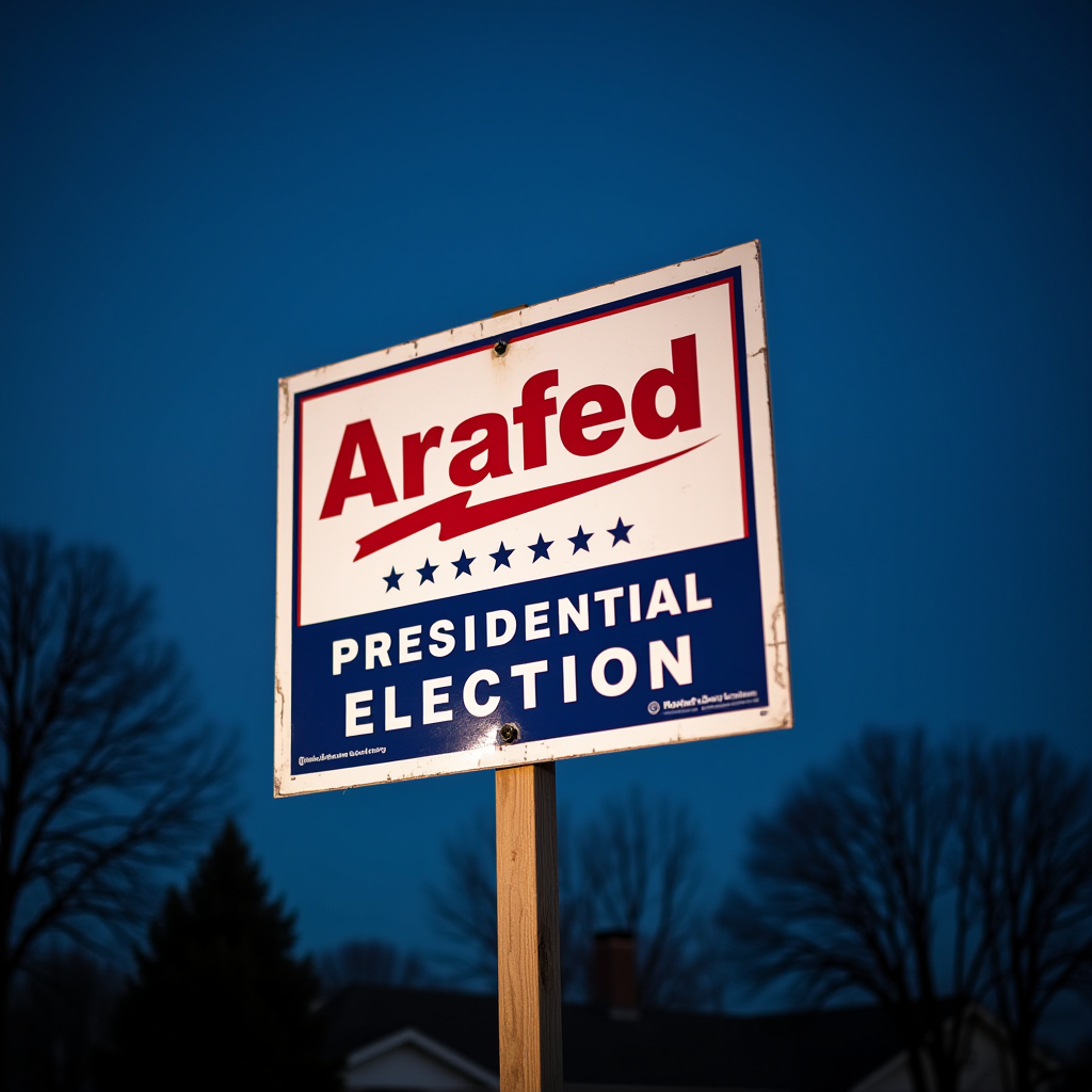 A campaign sign for a fictional presidential candidate named 'Arafed' against a twilight backdrop.