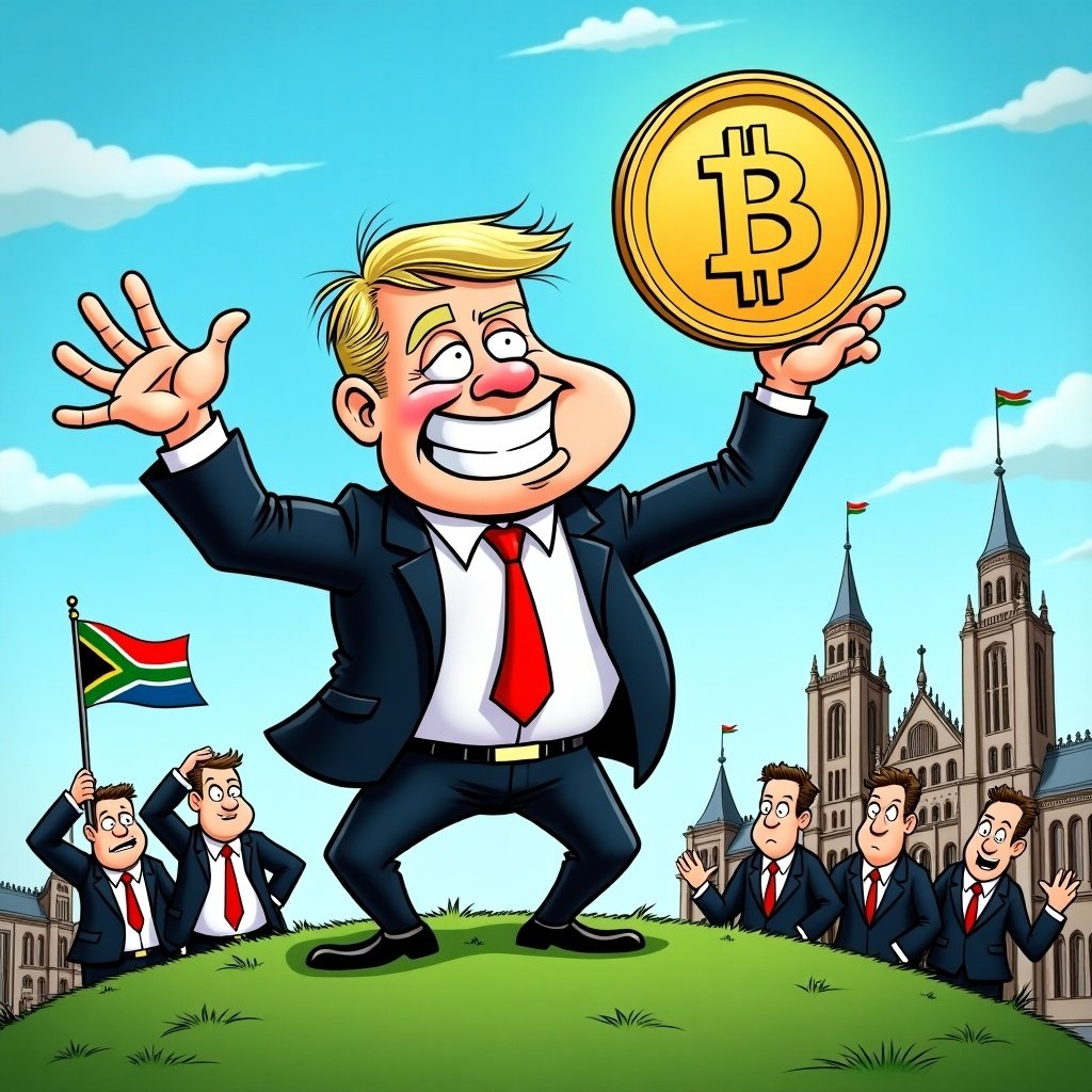 A male character depicted as confident, white businessman with exaggerated features. He holds a large gold Bitcoin high above his head while his other arm gestures outward. Standing on grassy platform. Background features simplified Union Buildings and South African flags. Group of bewildered government officials react with exaggerated confusion. Bright blue sky with cartoonish clouds.