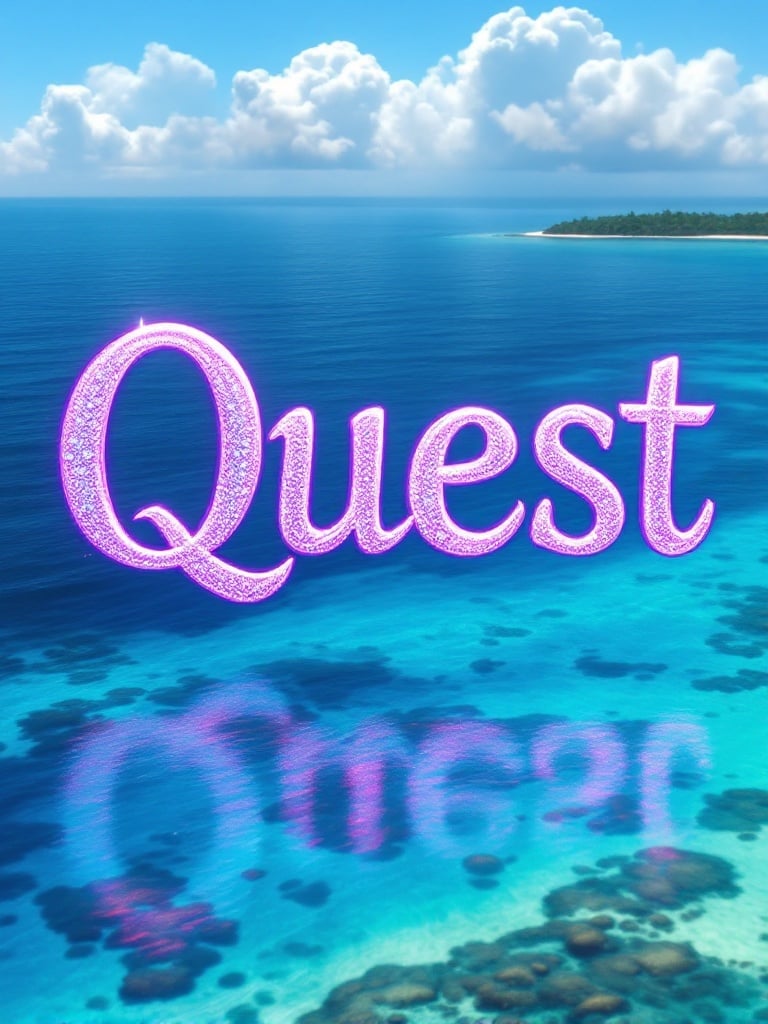 An ethereal word Quest in shimmering light purple floats over the Caribbean Sea. Turquoise waters extend to the horizon. Bright sun enhances the vibrant scene. Below, coral reefs show through clear waters. Fluffy clouds drift in a brilliant blue sky. A silhouette of green islands lies in the distance. This image embodies a sense of adventure.