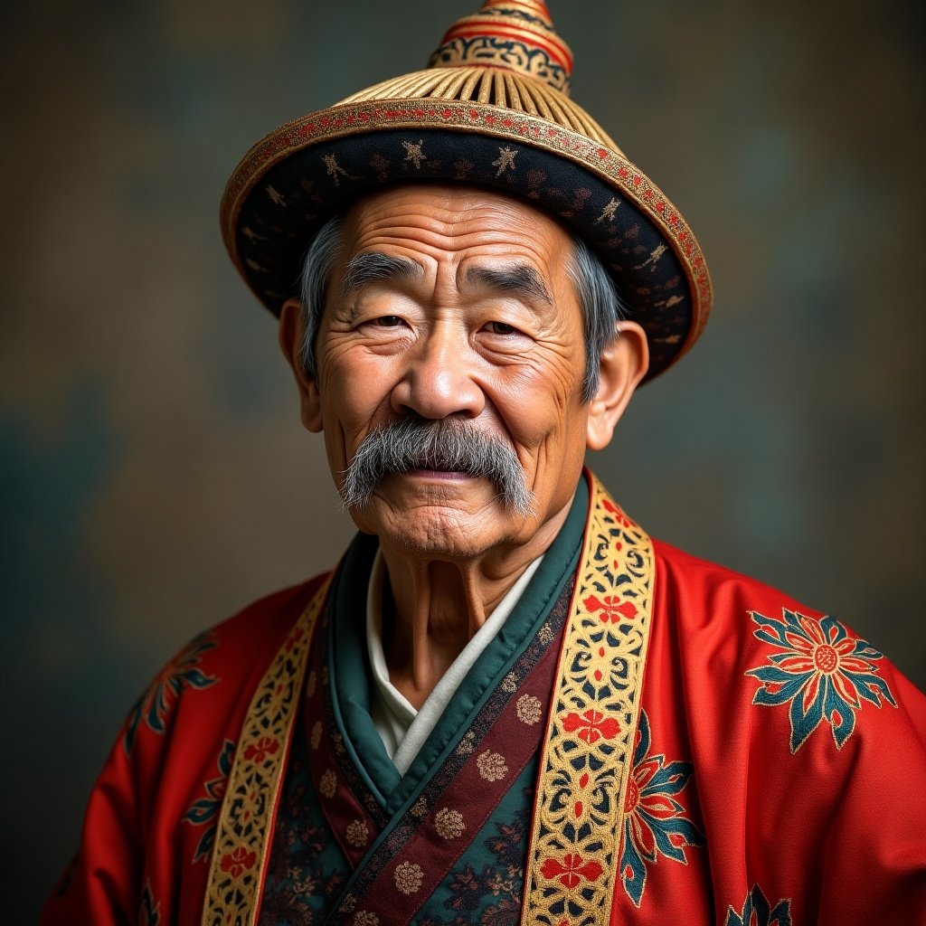 A stout elderly Chinese man with distinct traditional features. Dressed in ornate, culturally rich attire with vibrant red colors and intricate patterns. Wearing a traditional hat and having a thick mustache. The background is muted and textured.