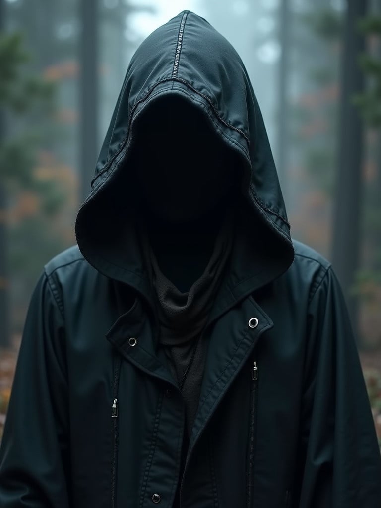 A character in a hooded cloak stands solemnly in a misty forest. The atmosphere is dark and moody. The character's face is hidden. The style evokes a cyberpunk theme.