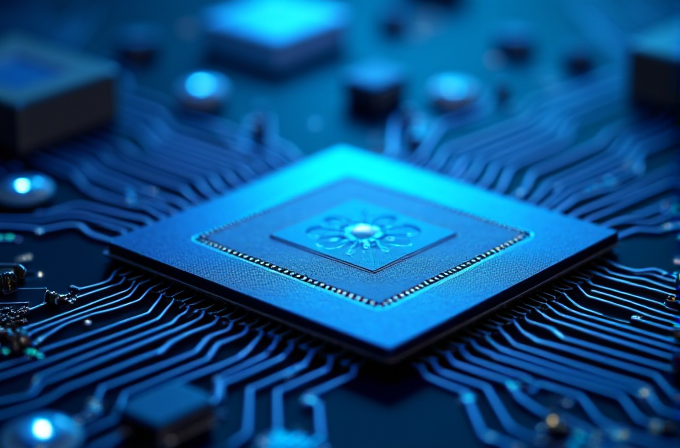 A close-up of a blue and black circuit board with a glowing central chip.