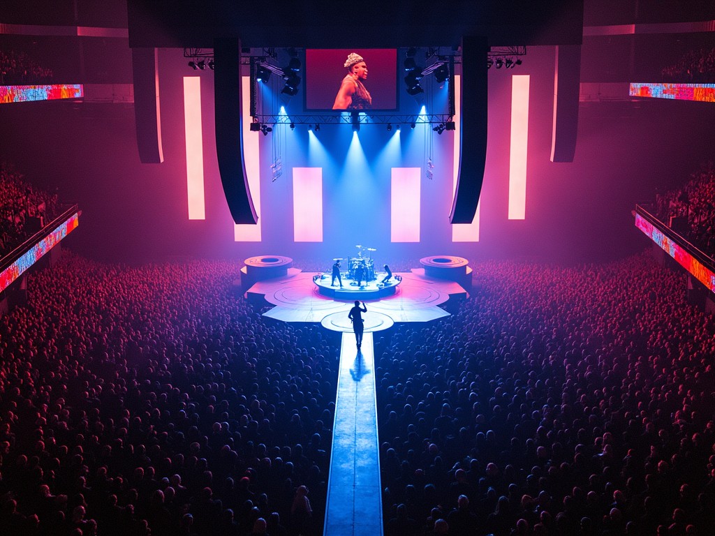 This image captures an electrifying moment at a Travis Scott concert inside Madison Square Garden. The stage features a unique T-shaped runway that extends towards the audience, creating an immersive experience. Bright blue and purple lights illuminate the scene, highlighting the artist and the band positioned at the center. The crowd is filled with enthusiastic fans, making the atmosphere vibrant and alive. The aerial drone perspective allows for a comprehensive view of the venue and its impressive stage setup, enhancing the visual impact of the performance.