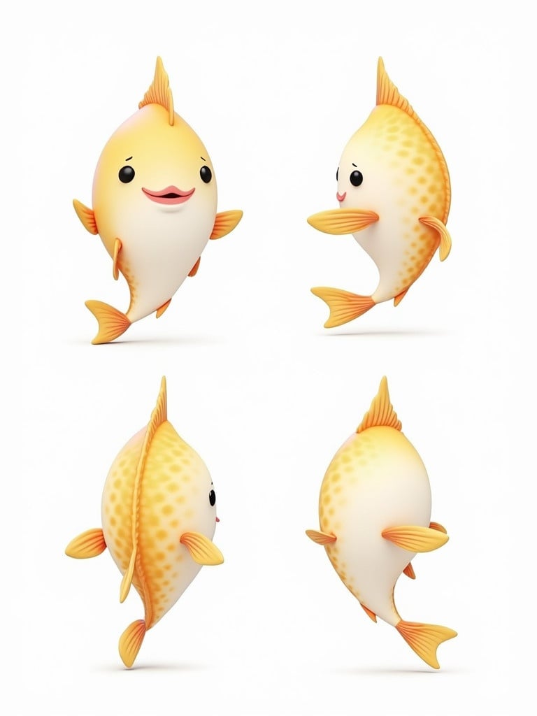 Fish character designed in a cute and minimalist style. It has a bright and simple outfit. Character is depicted in four views: front, side, back, and 3/4. Background is a plain white to suit animation.