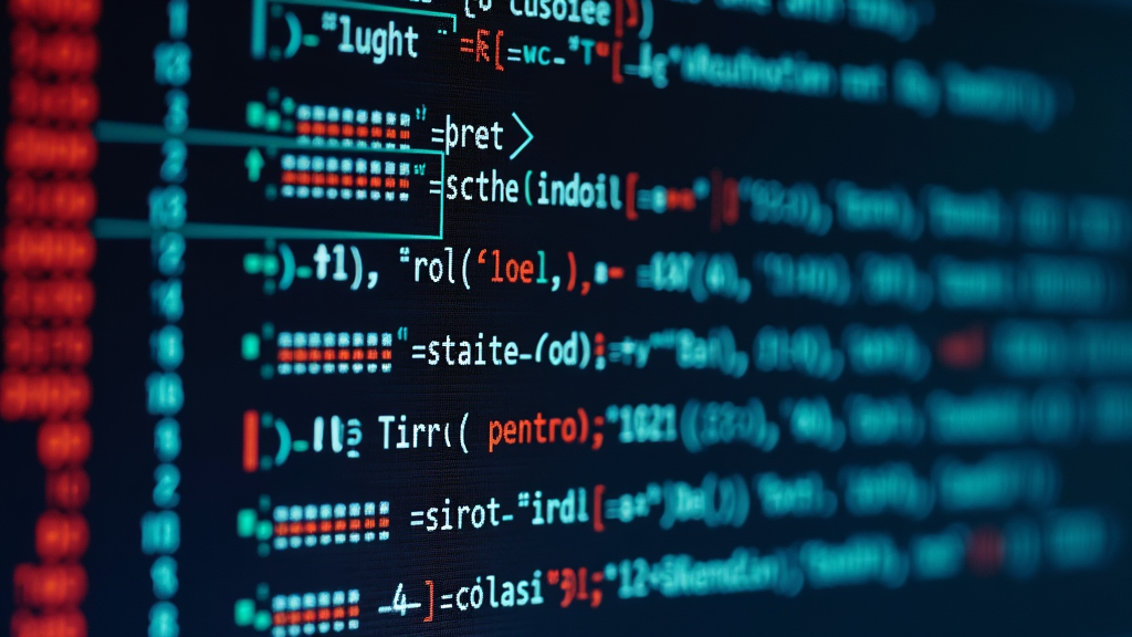 A close-up view of a computer screen displaying lines of colorful text, possibly programming code or script.