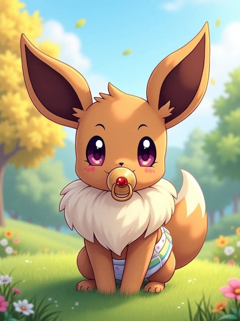 A baby female Eevee with a playful expression. Purple eyes. Light brown dummy with a glowing garnet gem in mouth. Wears a white nappy with rainbows and four leaf clovers. In a vibrant grassy setting with flowers and trees. Clear sunny blue sky.