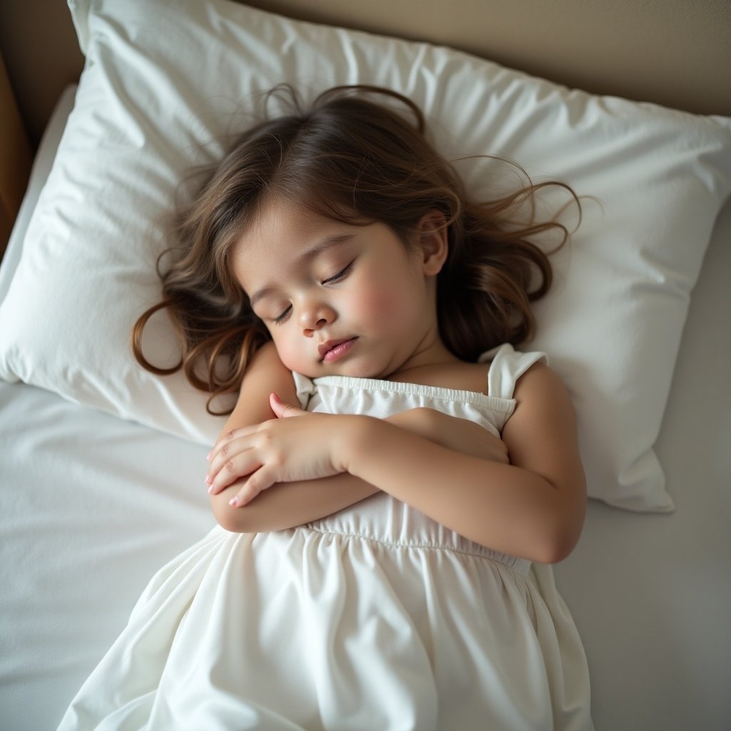 Girl sleeping on a white pillow. She wears a white dress. Arms crossed on her chest. Soft natural light. Top-down perspective. Cozy bedroom setting.