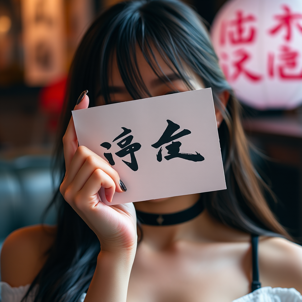 A person with black hair holds up an intricately hand-painted card with Asian calligraphy against a blurred background featuring soft lantern lighting.