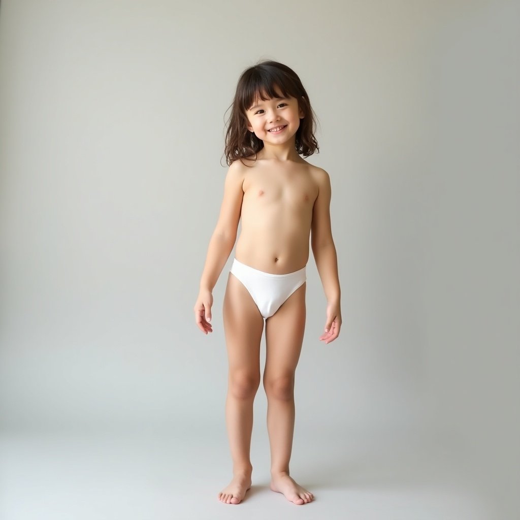 Image of a pale ivory-skinned girl standing barefoot and upright. She wears white underwear and shows a natural smile. The background is light gray. Soft even lighting creates calmness. The girl poses confidently showcasing playfulness.