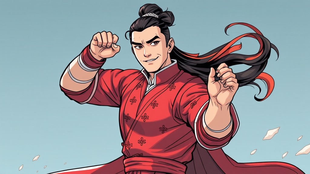 A confident warrior in a flowing red robe strikes a martial arts pose with a dynamic sky background.