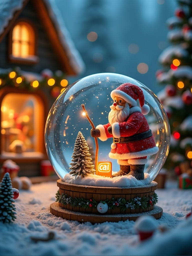 Christmas scene shows Santa Claus in red and white. Santa interacts with snow globe. Snow globe features name Cai. Background highlights a toy shop. Toy shop adorned with festive decorations. Glowing lights add charm to the scene.