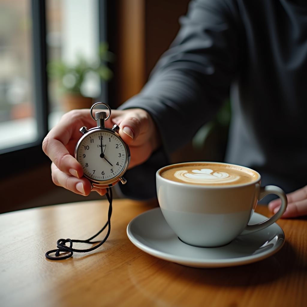 A person holds a stopwatch near a cup of coffee on a wooden table.