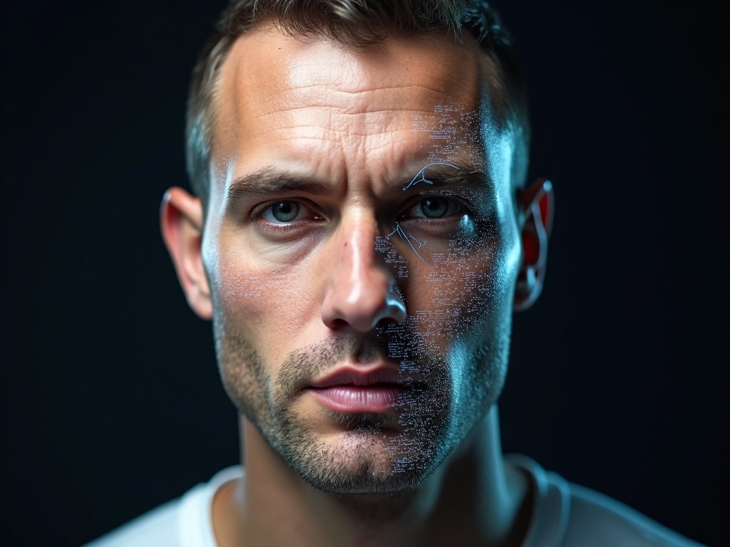 A close-up portrait of a man with digital elements on one side of his face, representing futuristic technology and biometric scanning.