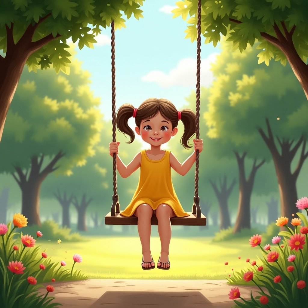 A joyful young girl wearing a yellow dress is swinging on a swing set. She has pigtails and a bright smile. The setting is a sunny park with lush green trees and colorful flowers. The atmosphere is cheerful and playful.