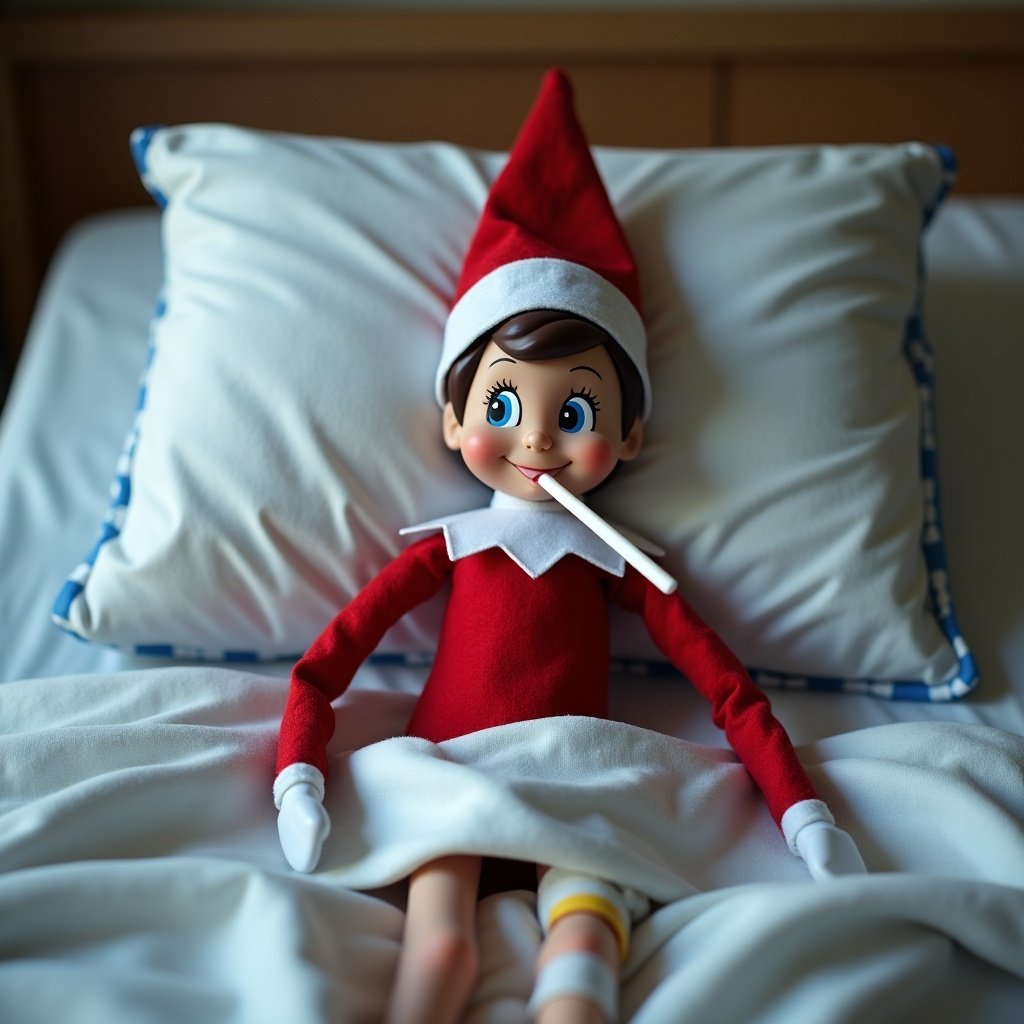 Elf on the shelf doll with brown eyes in a hospital bed at the North Pole. Thermometer is in the doll's mouth. Both legs and one arm have a cast. Doll is wearing a red outfit with a white collar and hat.