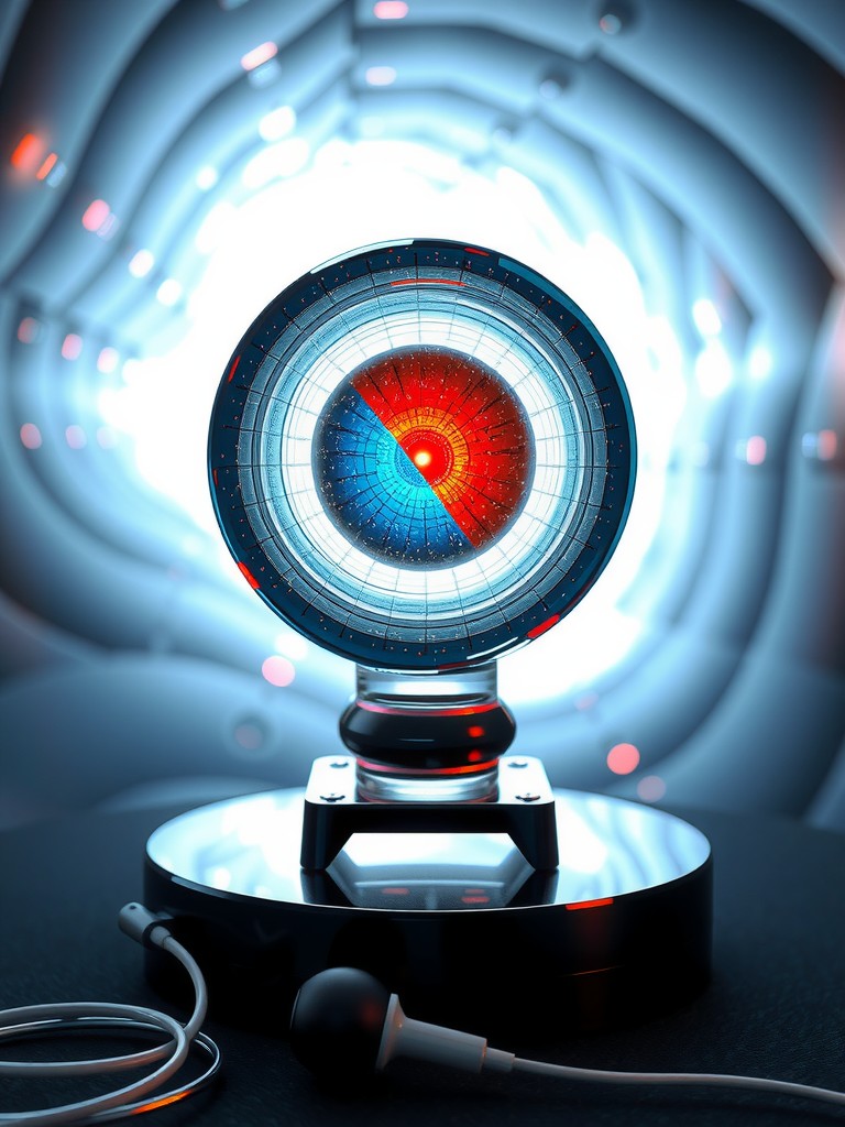 A futuristic, high-tech visual of a circular device with a glowing blue and red core on a sleek platform.