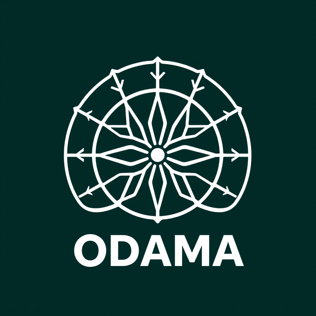 A white geometric and symmetrical design with arrow motifs on a dark green background, accompanied by the text 'ODAMA' below.