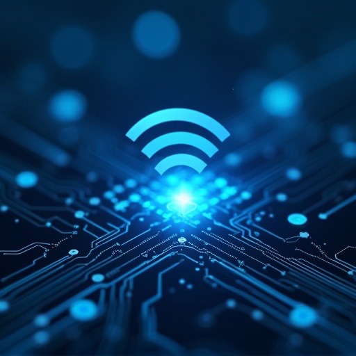 Image depicts a wireless connection represented by a signal icon. Background features a circuit board with glowing lines. Emphasis on digital connectivity and technology.