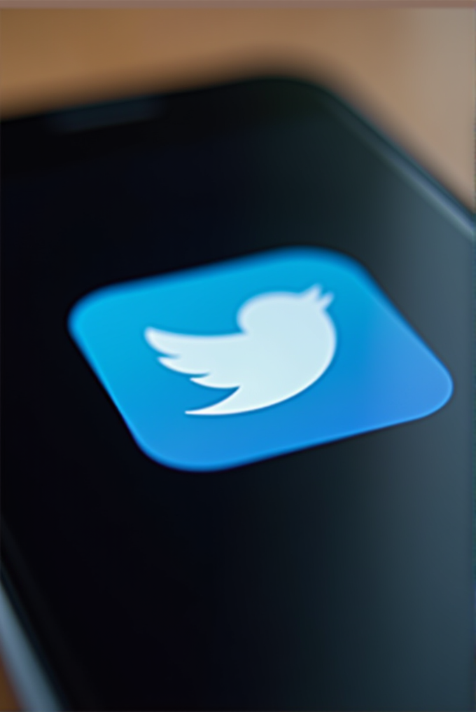 A close-up of a smartphone screen displaying the Twitter app icon, featuring a white bird on a blue background.