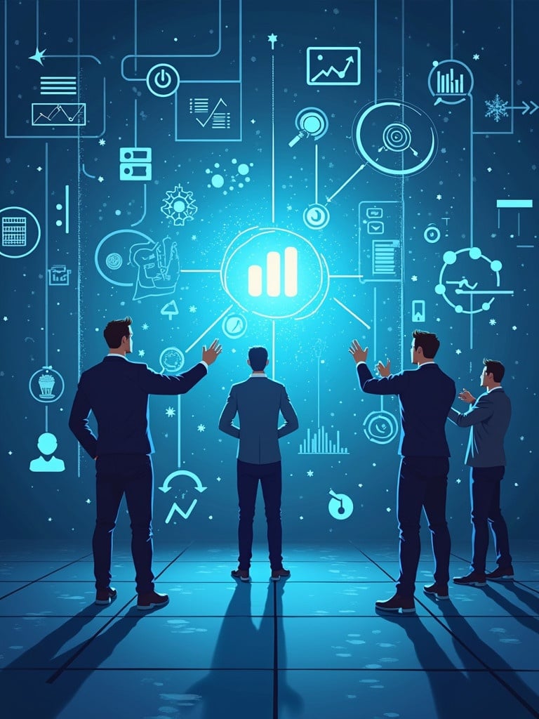 Four professionals stand before a large blue screen filled with data visualizations. They showcase graphs and analytics while discussing insights. People use data to improve decision-making processes.