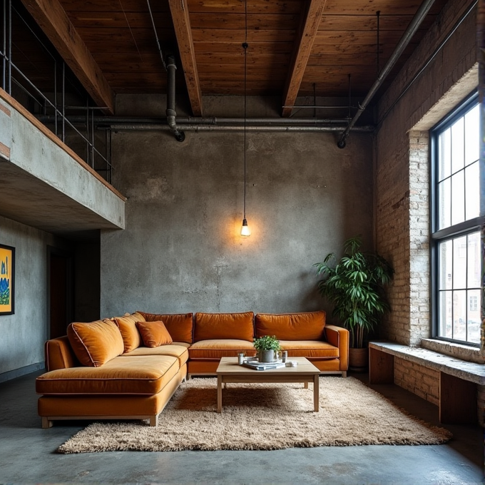 A cozy loft with a large orange sofa, a wooden coffee table, and a single hanging light.