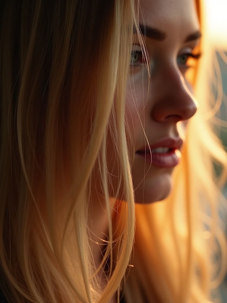 Close-up of hair with highlights. Warm soft lighting creates an inviting space. Focus on hair's texture and flow. Atmosphere calm and serene.