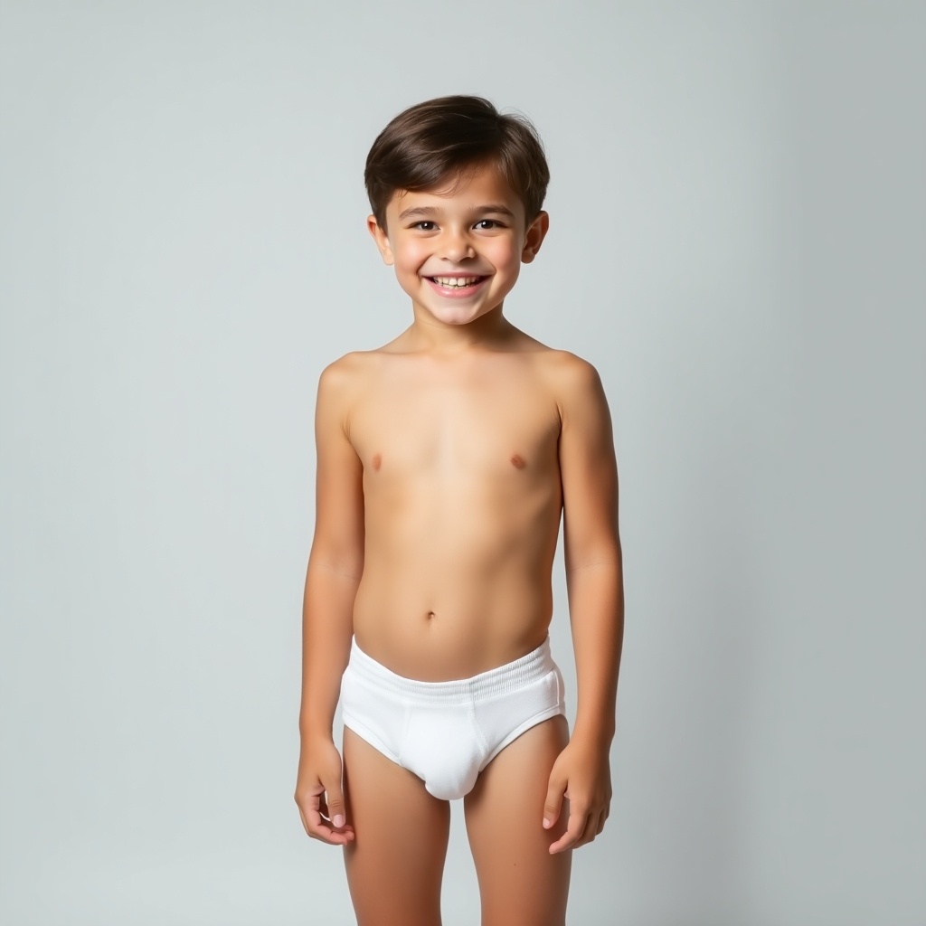 Young boy standing upright against a light gray background wearing white underwear with a natural smile. Soft and even lighting creates a calm atmosphere. The boy's pose is confident and relaxed, showcasing playfulness and innocence. Minimalistic style emphasizes the subject without distractions.