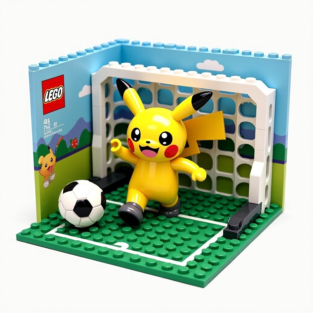 A LEGO cardboard box layout featuring Pikachu. Pikachu is playing soccer in a vibrant box design. Dimensions are 4x12x19cm. Soccer elements included. Bright colors showcase the theme.