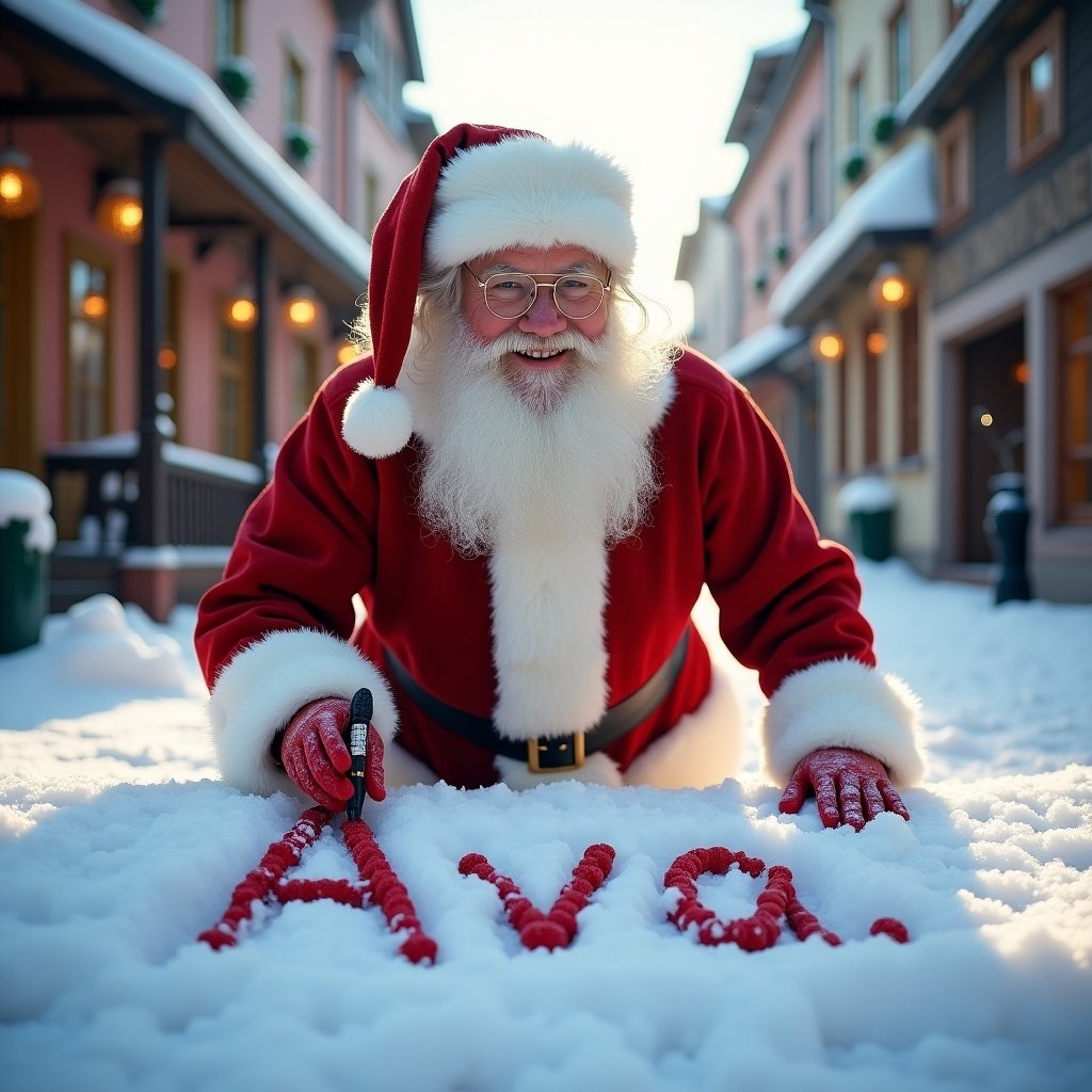 Santa Claus writes name Ava in snow. Traditional red and white attire worn. Snow-covered street with charming buildings around. Soft winter light creates warm atmosphere. Scene is cheerful and festive for holiday.