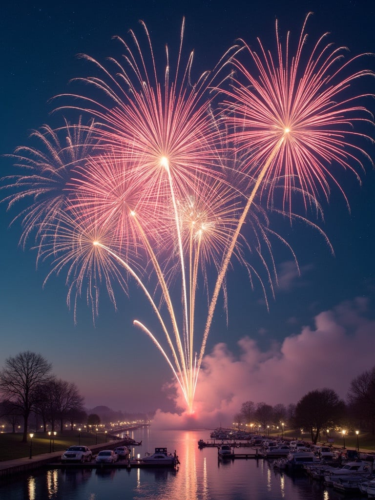 Fireworks display lighting up the night sky. Colorful bursts of pink and gold. Boats docked along the water. Calm atmosphere by the river. New Year celebration party scene.