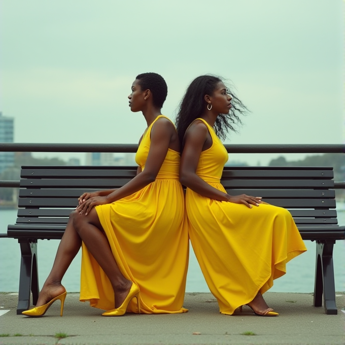 Two women in yellow dresses sit back-to-back on a bench by the water.