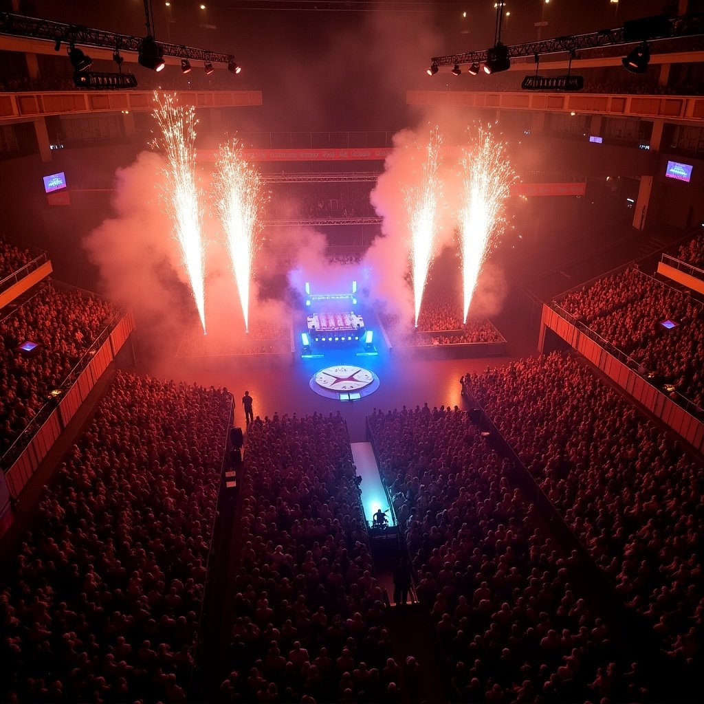 Roddy Rich concert at Madison Square Garden. Drone view showcasing the T stage runway. Spectacular pyrotechnics enhance the atmosphere. Large crowd fills the venue.