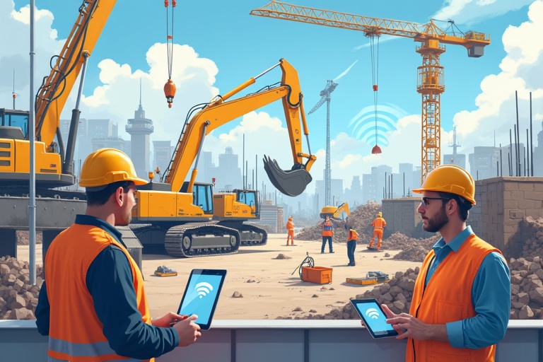 Construction site bustling with activity. Workers use tablets to manage projects. Heavy machinery like excavators and cranes. City skyline visible in the background under blue skies. Hands-on technological solutions in construction.