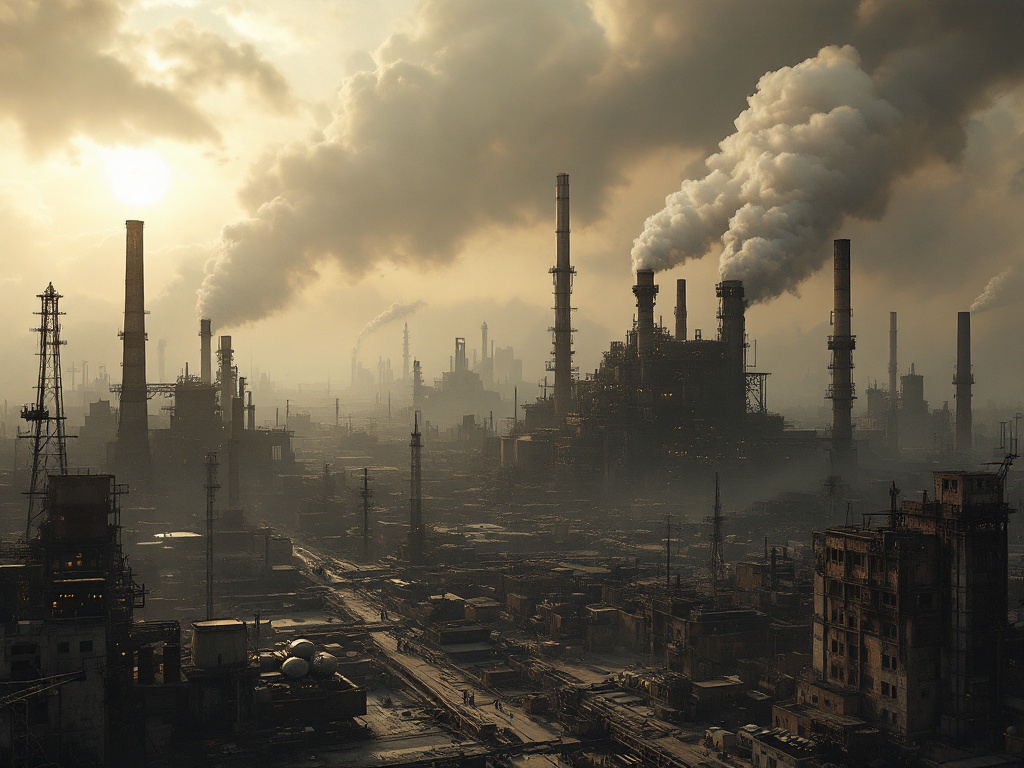 Design sprawling post-apocalyptic industrial wasteland. Show humanity clinging to survival in shadows of factories. Portray decaying cities with ash-choked skies and rare sun. Use hyperrealistic graphics with high detail and sharp textures.