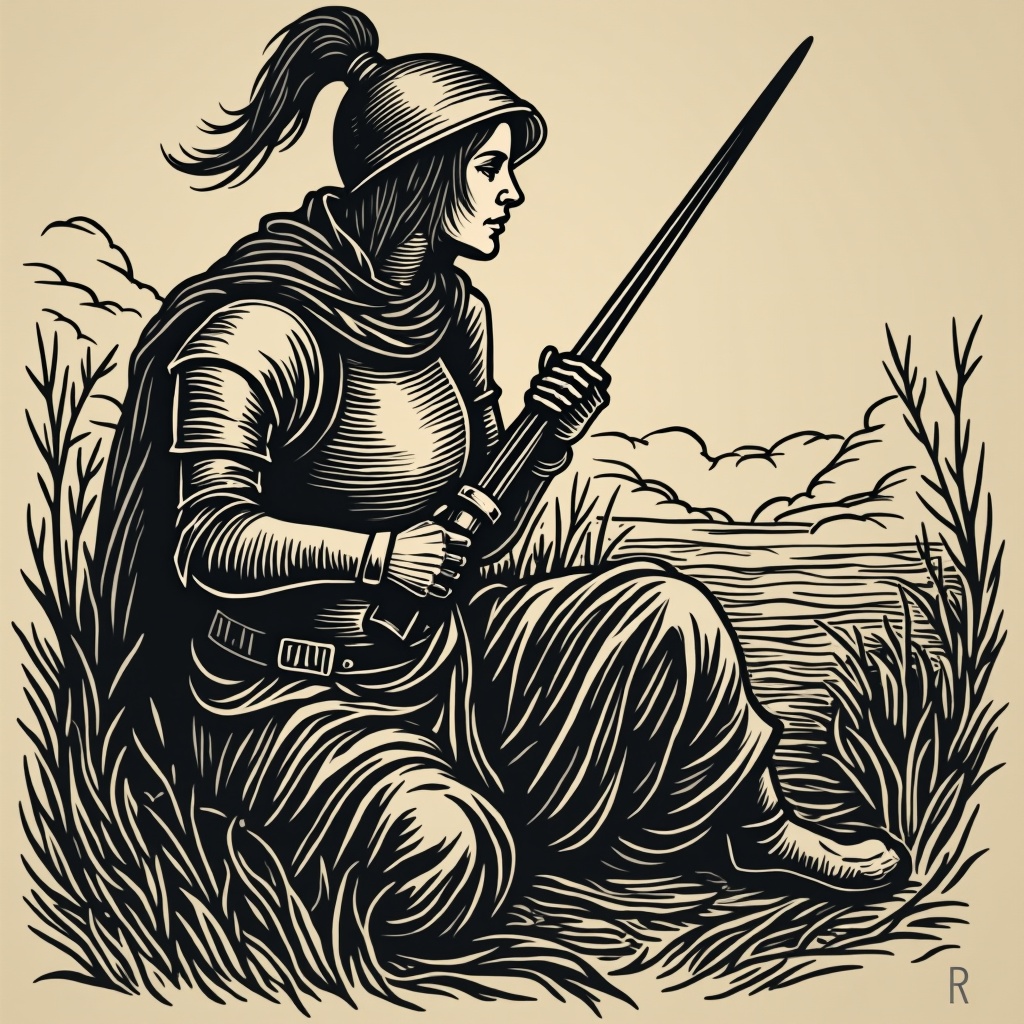 This image depicts a female knight in a woodcut style, showcasing the strength and determination of women in historical roles. She sits in a natural setting, holding a sword, and gazes into the distance, symbolizing vigilance and readiness. Her armor reflects the medieval era, while the flowing drapery of her clothing suggests motion and grace. The background features stylized clouds and grass, enhancing the sense of nature surrounding her. This illustration can inspire discussions on gender roles in history and art.