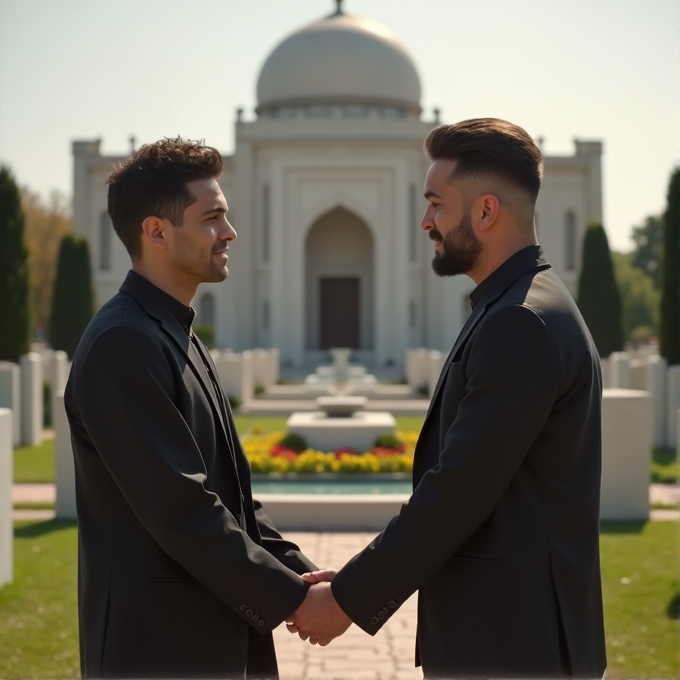 Two men in black suits hold hands in front of a grand mausoleum with neatly manicured gardens and a dome structure in the background.