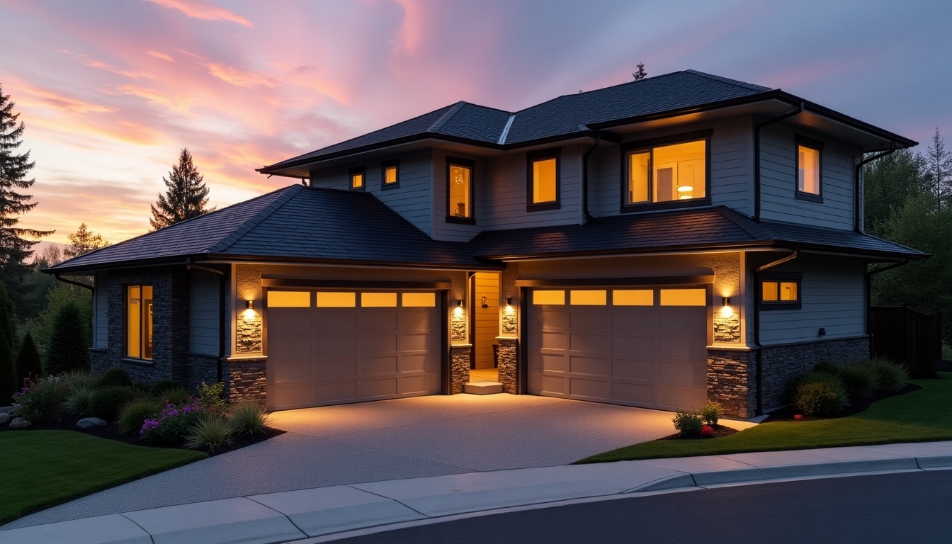 This image showcases a modern house during a stunning sunset. The home features a driveway with a sleek design and soft lighting illuminating the exterior. The architecture is contemporary, set against a breathtaking sky filled with pink and orange hues. Lush landscaping surrounds the property, enhancing its charm. This inviting scene is perfect for showcasing modern living.