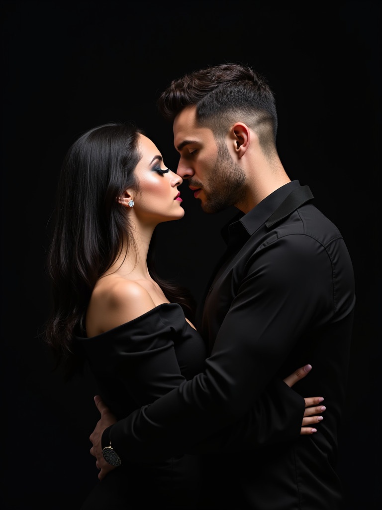 Striking image of a couple embracing in a close gesture. Woman has long dark hair and dramatic makeup. Man has a rugged appearance with short hair. Both in elegant black attire, conveying sophistication and allure.