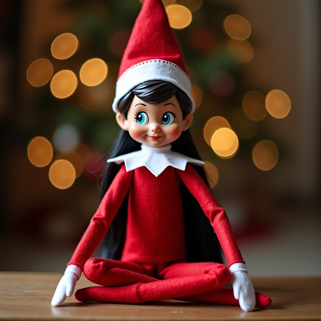 Girl elf doll wearing a red outfit and white hat. Doll has long black hair. Positioned for a family photo in a cozy setting with warm lights in the background.