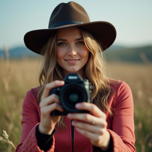 A woman holds a camera and takes a selfie outdoors. She wears a brown hat and a red jacket. The background is a blurred natural landscape with grass and distant mountains.