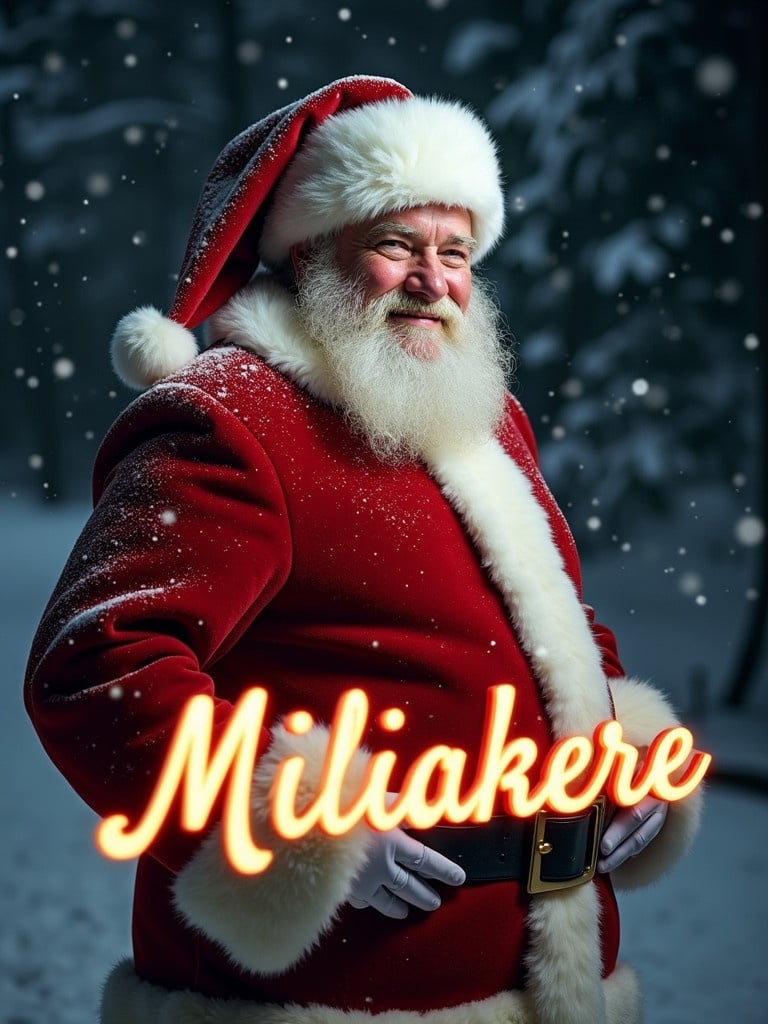 Santa Claus stands in the snow. He wears a traditional red and white suit. The name Miliakere is spelled out. Background is dark to highlight the glowing text. Scene captures Christmas magic.