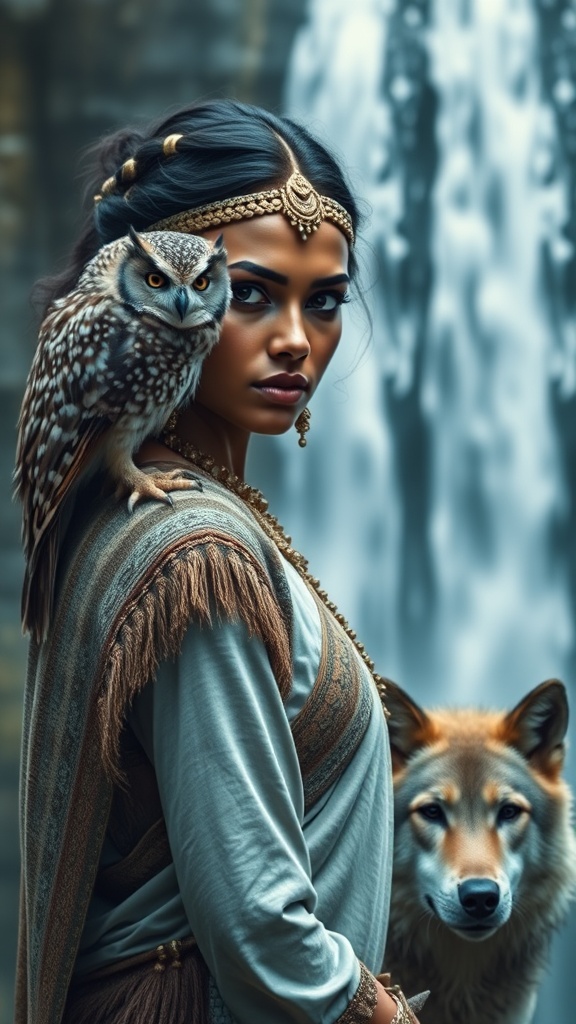 A woman adorned in elegant attire stands with an owl on her shoulder and a wolf by her side.