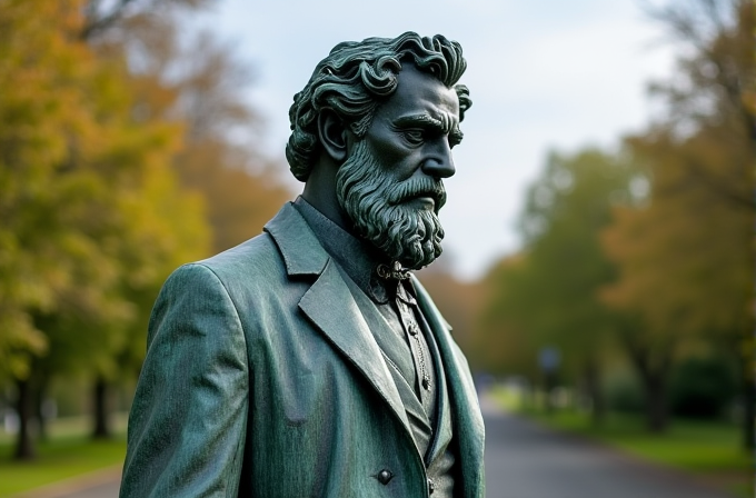 A detailed bronze statue of a bearded man in a suit stands in a park with autumn trees in the background.