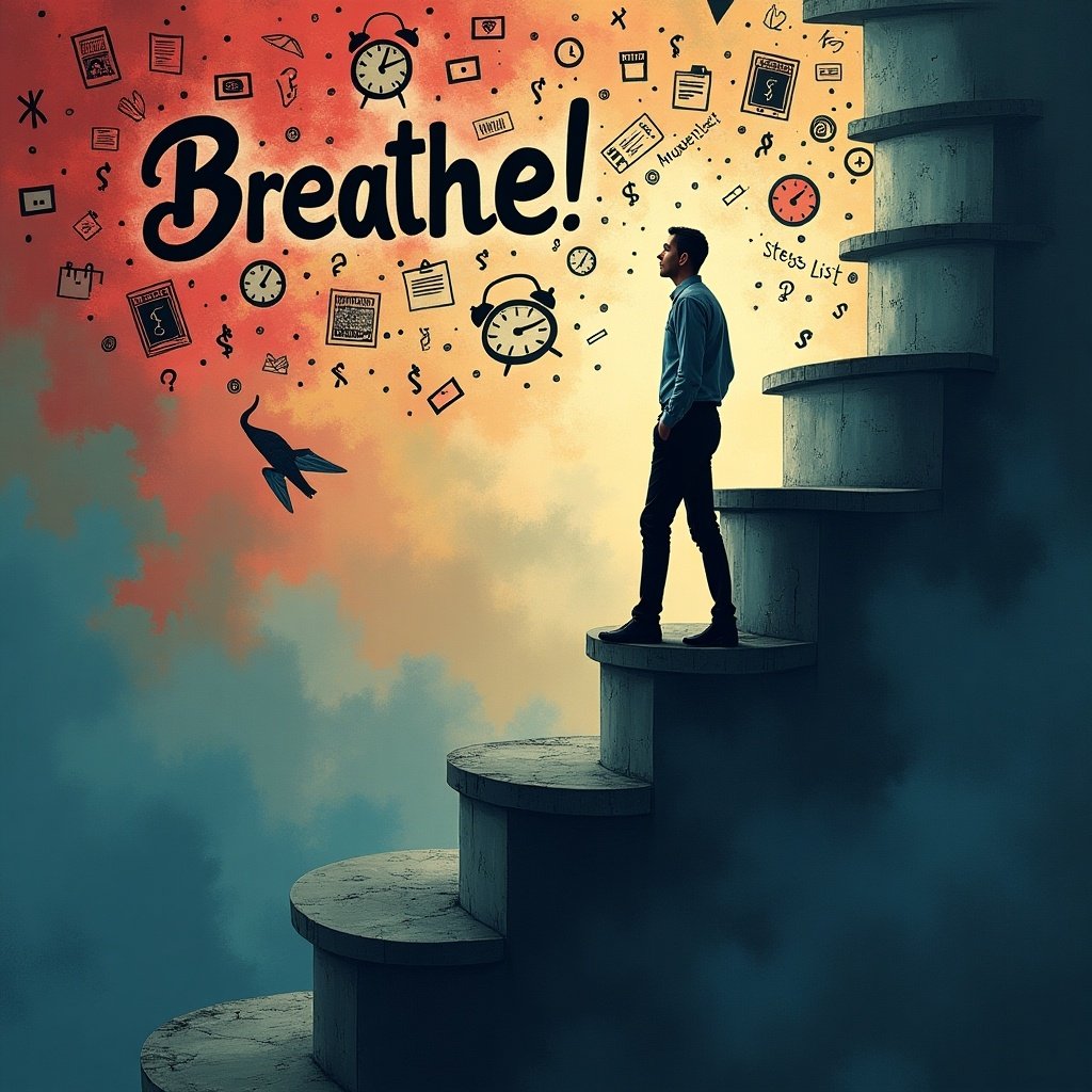 A visually striking YouTube thumbnail showing a person standing at the edge of a spiraling staircase. The staircase symbolizes stress spiraling out of control. The person’s face reflects both worry and determination. The background features a blend of red, black, and blue tones that evoke feelings of tension and calmness. Floating around the person are visual cues of stress, including bills, alarm clocks, and a long to-do list. There are thought bubbles depicting negative emotions like fear and uncertainty. The background transitions from chaotic at the top to calm at the bottom. Large, bold text reads 'Breathe!' in clear, contrasting fonts.