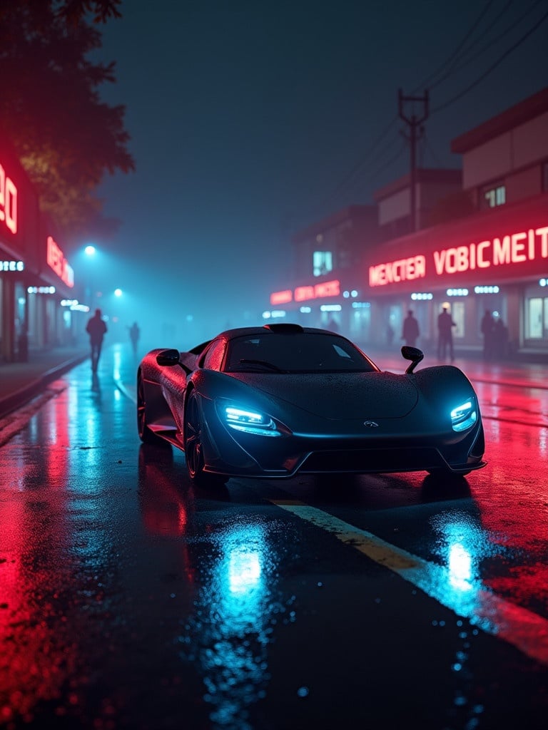 Futuristic vehicle with glowing lights in a urban night scene. Neon reflections from nearby buildings. Wet streets creates a striking visual. Shadows from pedestrians walking in the background.